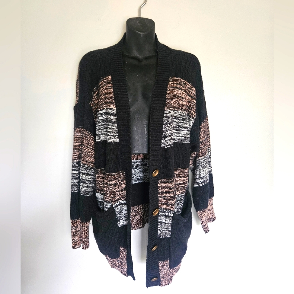 Miracle USA black colorblock boyfriend cardigan sweater oversized S/M small med